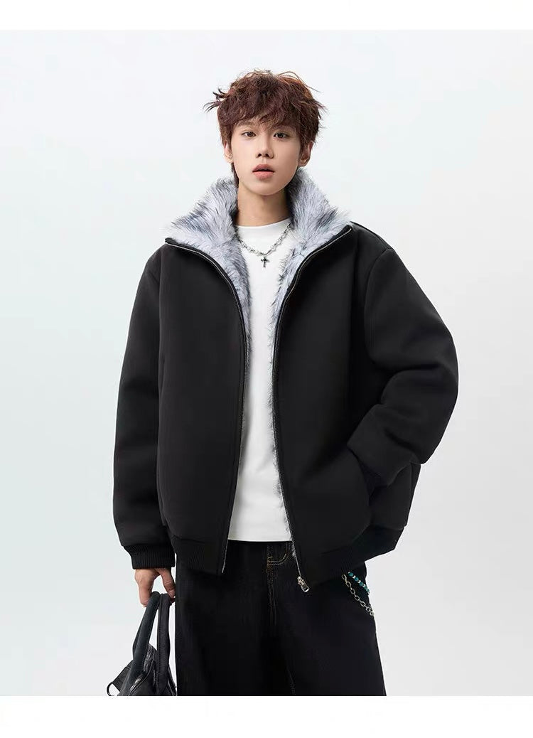 Men’s High-Neck Plush Fur Winter Jacket T0249