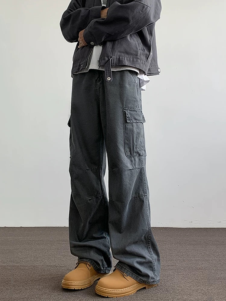 Men’s Gray Multi-Pocket Cargo Pants – Utility Streetwear Loose Fit Trousers B0062