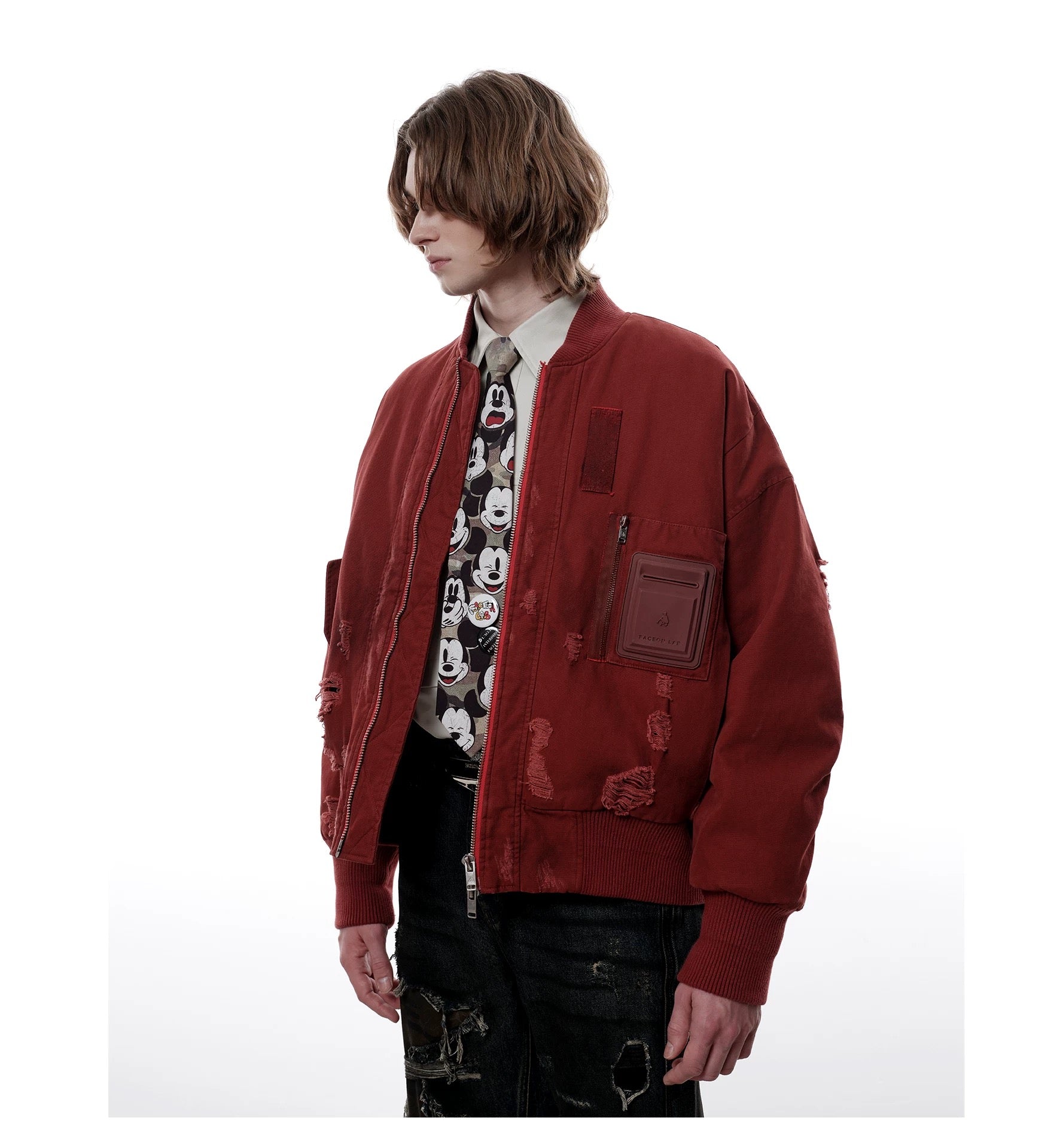 Men’s Burgundy MA-1 Distressed Bomber Jacket – Vintage American Street Baseball Style T0059