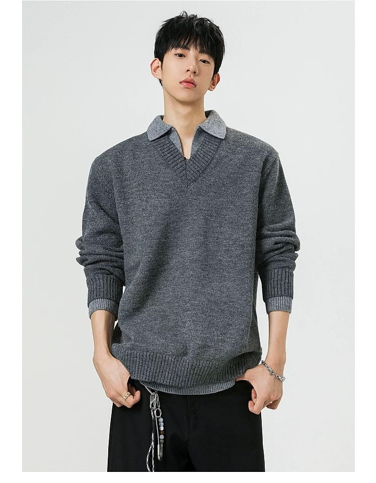 Vintage Layered Knit Sweater – Retro Patchwork Two-in-One Pullover for Men S0027