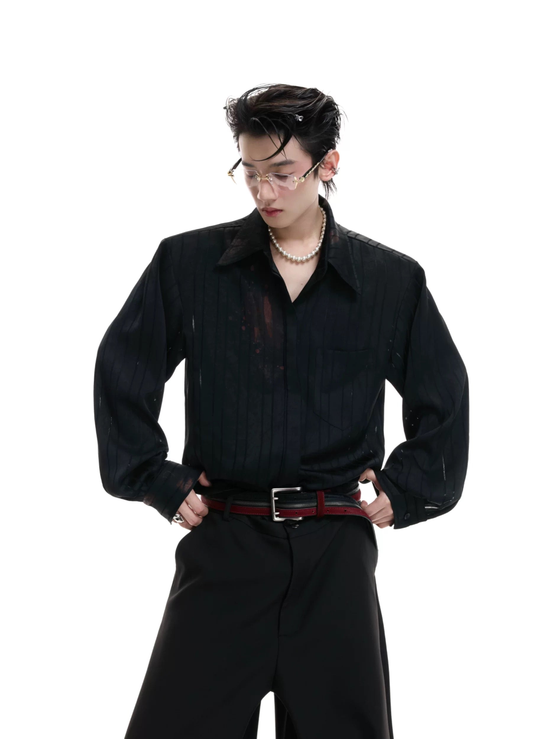 Hot Kiss Misty Realm Striped Satin Lipstick Print Shirt, Luxurious Textured Cardigan Top T0037