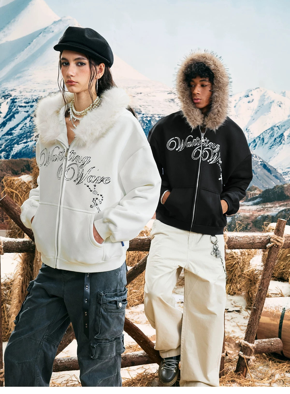 Vintage Graphic Fleece Hoodie with Faux Fur Collar T0029