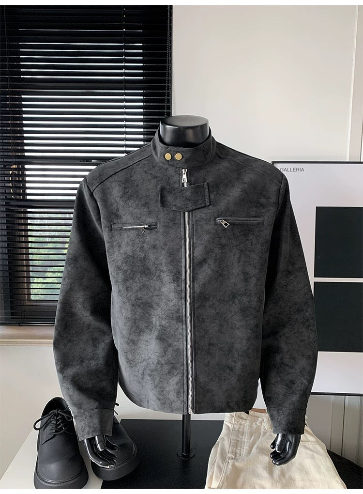 Chaqueta vintage de piel sintética con efecto tie-dye para hombre, cuello alto, estilo urbano, T0078