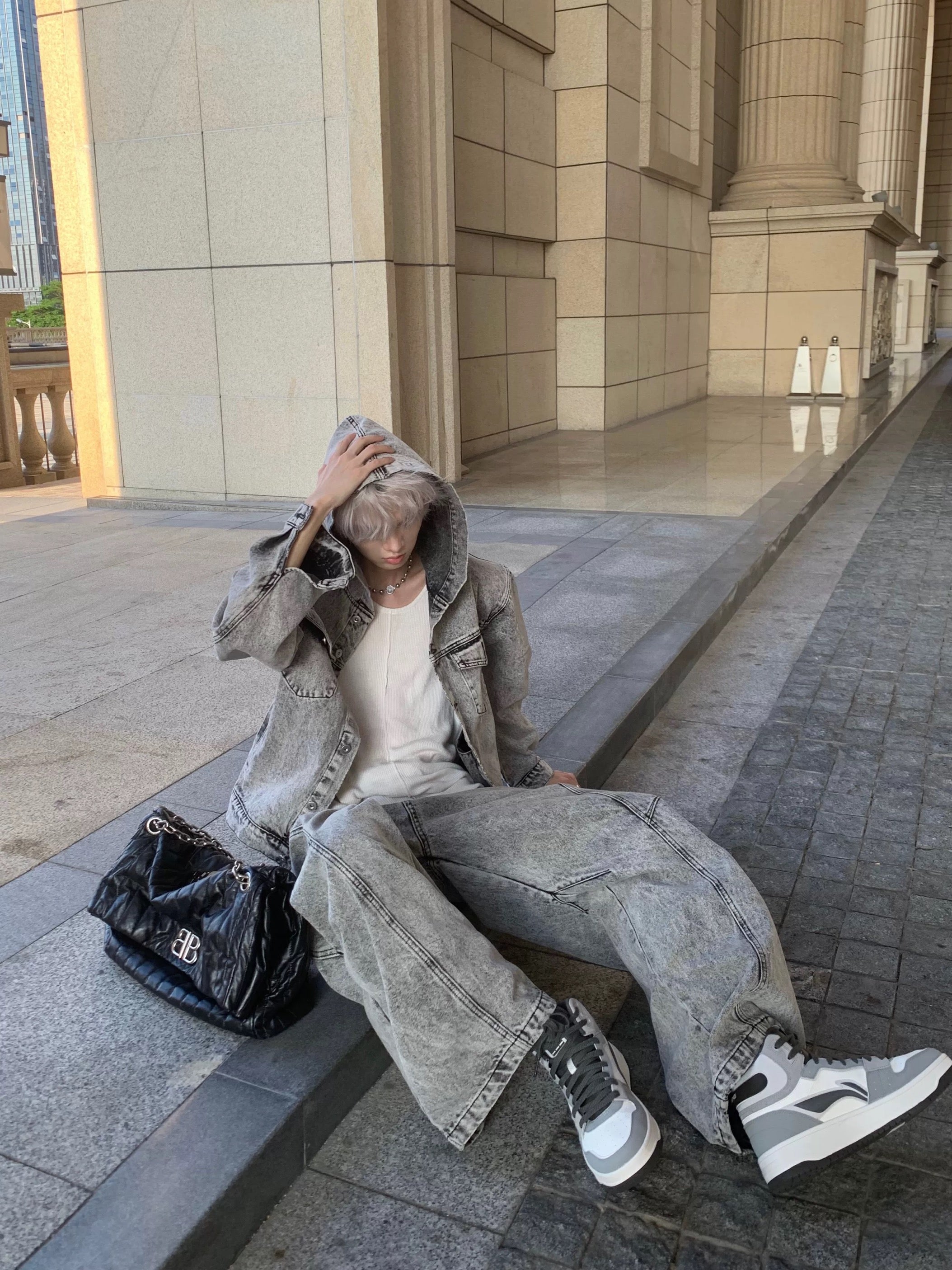 Men’s Deconstructed Distressed Denim Hoodie Jacket – Vintage Heavywork Streetwear Outerwear T0043