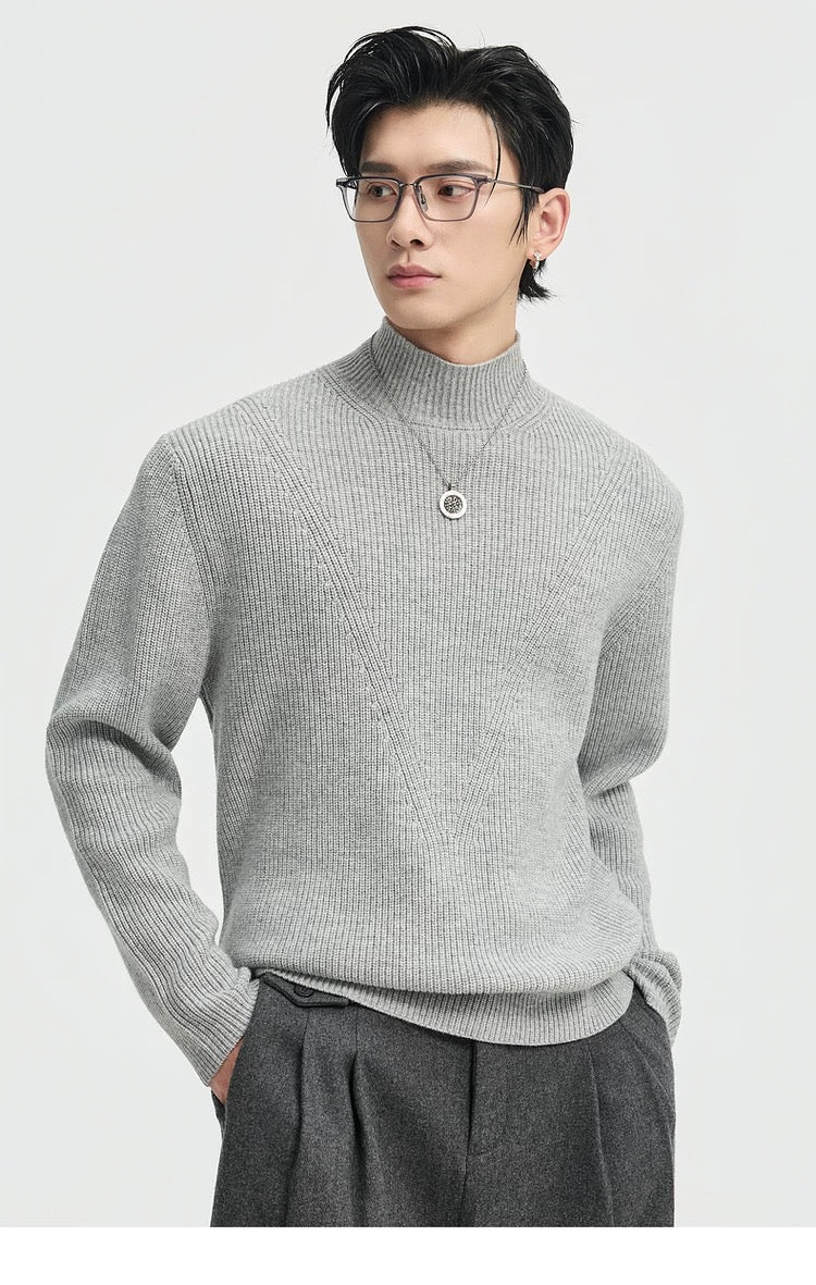 Suéter holgado de punto de lana de color liso para hombre, con cuello semialto y diseño estampado para invierno - Capa base ideal T0043