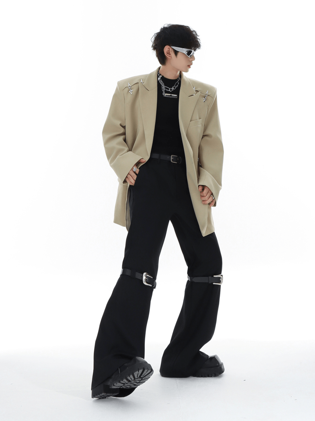 metal button multi drape straight pants B0001