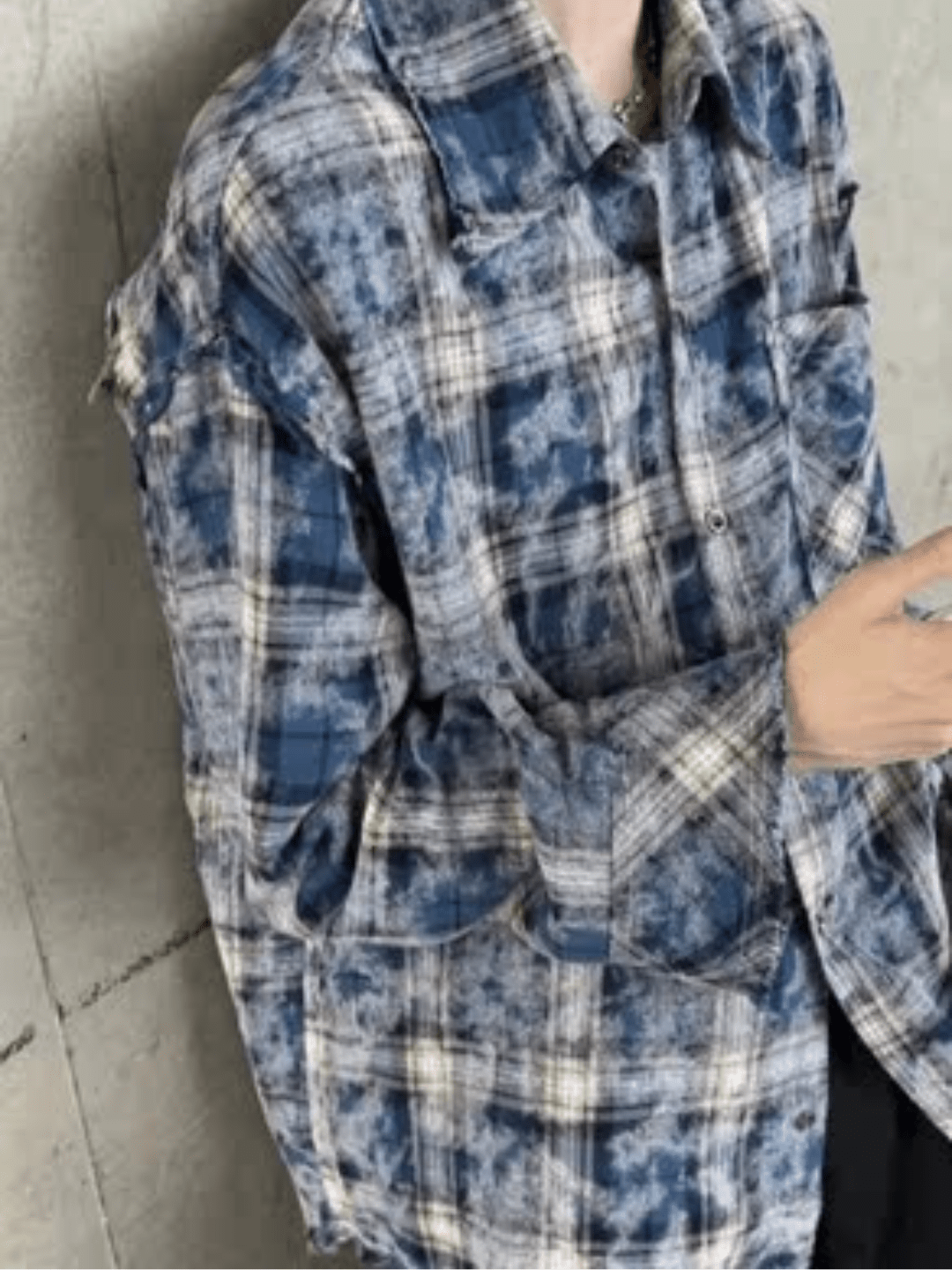 [JM HOMME] distressed raw edge plaid shirt J0112