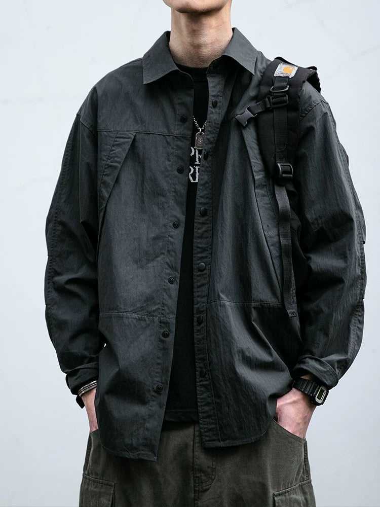 Vintage Washed Utility Shirt, Men's Distressed Panelled Long Sleeve, Oversized Streetwear Fashion T0010