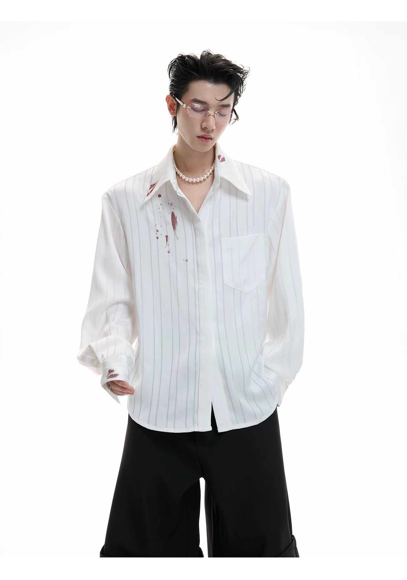 Hot Kiss Misty Realm Striped Satin Lipstick Print Shirt, Luxurious Textured Cardigan Top T0037