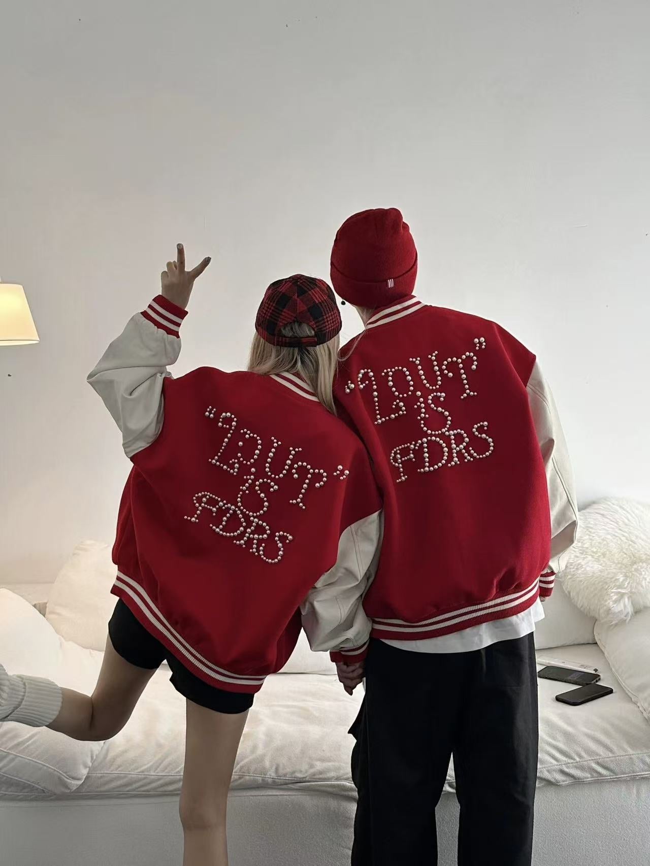 American Streetwear Rhinestone Baseball Jacket - Unisex Couple's Style AW Collection Retro Red Faux Leather & Wool Blend Bomber T0035