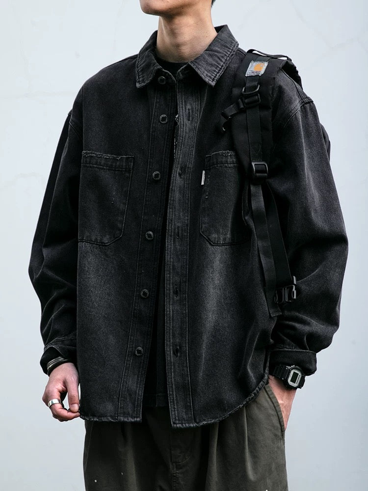 American Vintage Heavy-Duty Washed Distressed Denim Shirt - Men's Textured Relaxed Fit Utility Work Shirt Jacket T0020