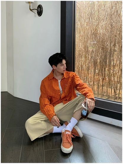 American Streetwear Orange Plaid Shirt – Vintage Long Sleeve Flannel for Men T0241