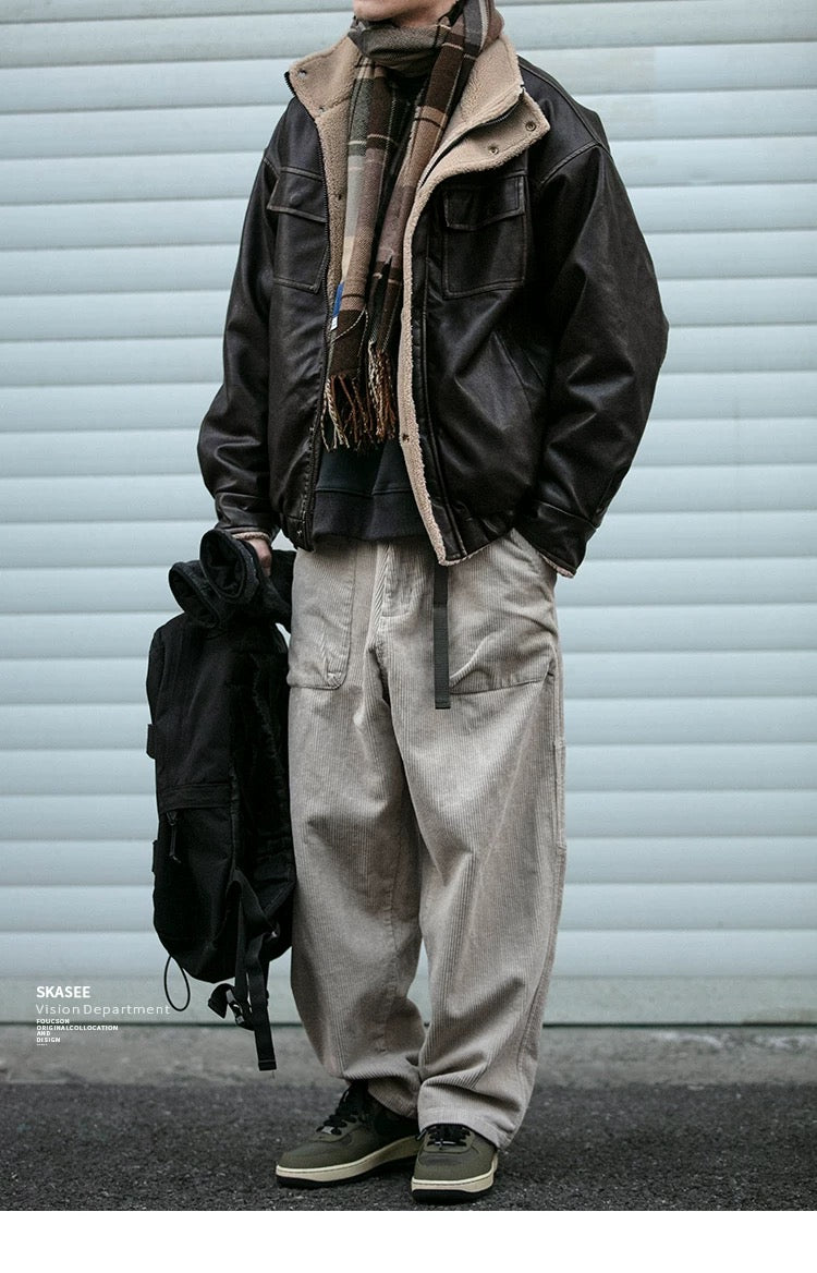 Chaqueta acolchada de algodón y piel sintética con cuello alto retro para hombre, abrigo de calle Morandi marrón grueso y cálido de lana de cordero T0013