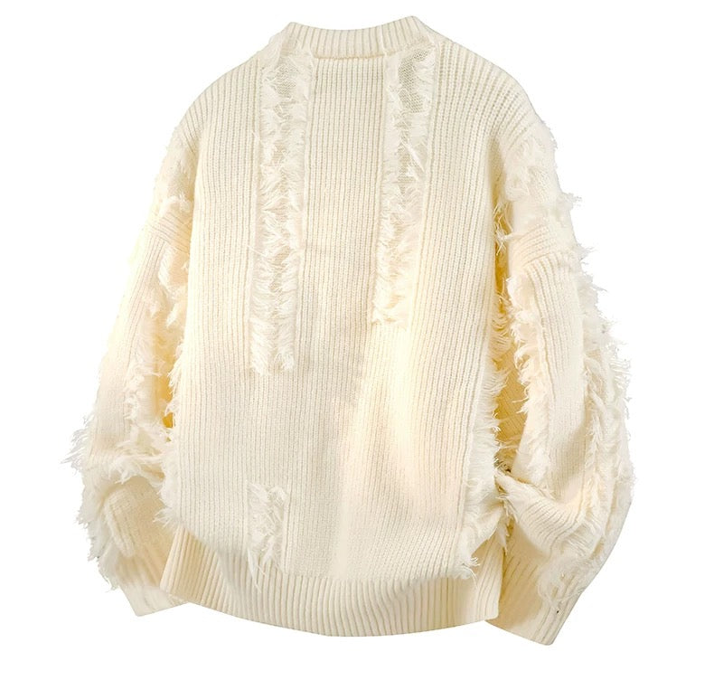 Men’s Fringe Knit Sweater Autumn Loose Fit Casual Pullover High-End Textured Knitwear T0069
