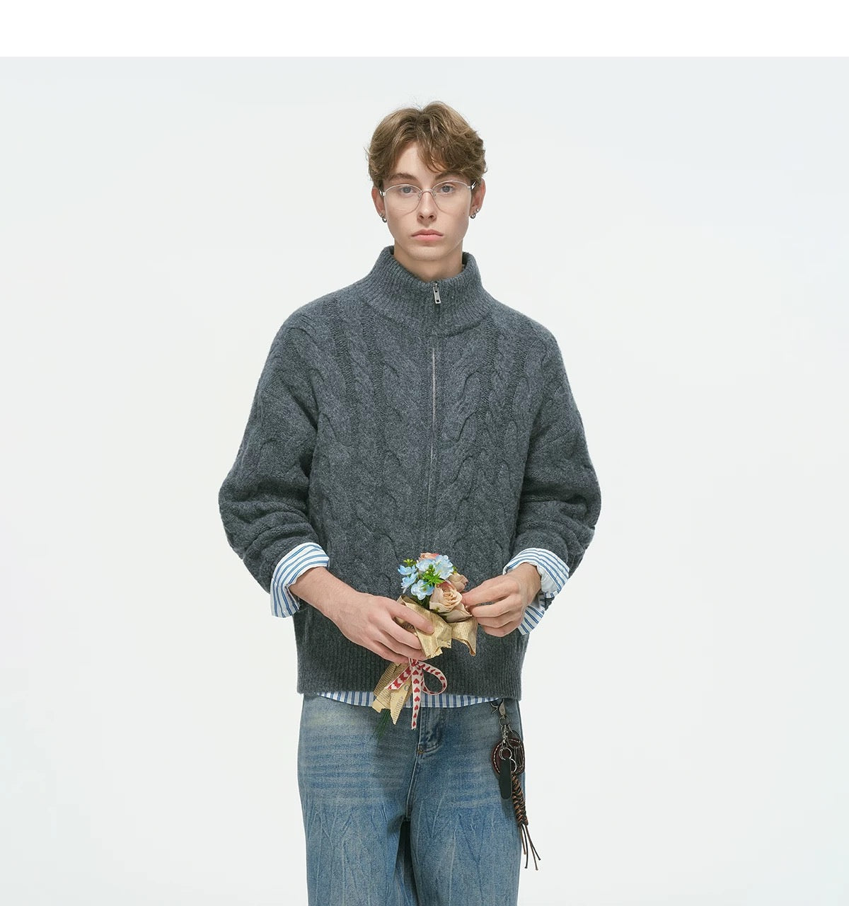 Vintage Cable Knit Turtleneck Sweater – American Retro Textured Pullover for MenS0026