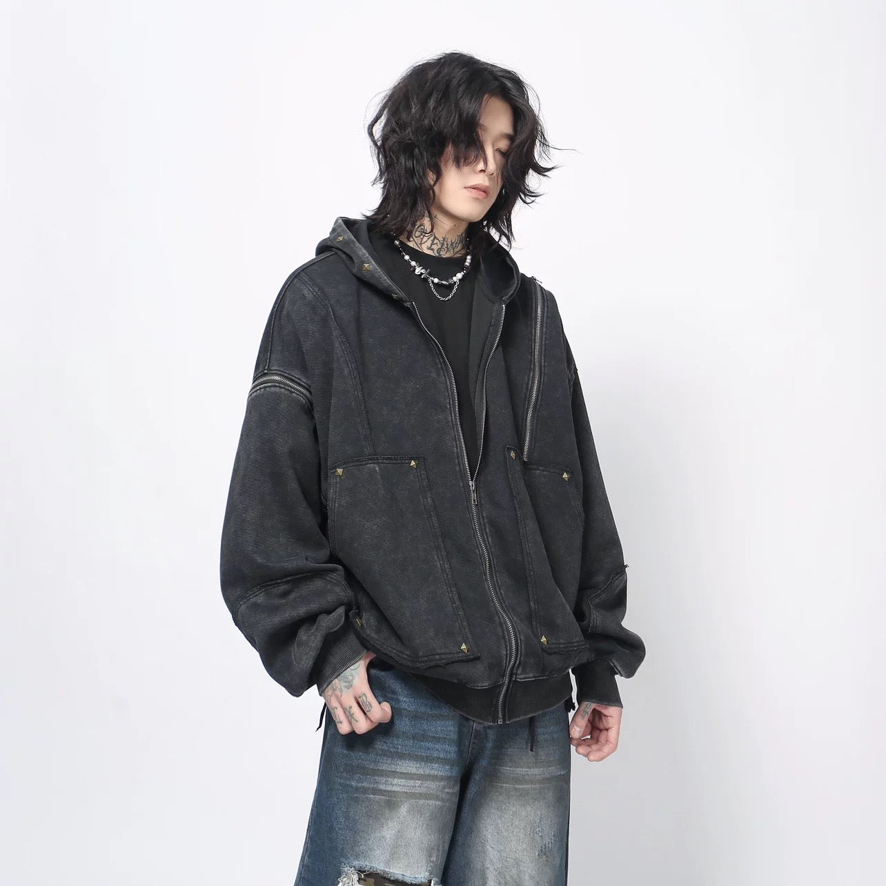 Men’s Heavyweight Streetwear Hooded Zip-Up Hoodie Painted Distressed Oversized Casual Jacket T0077