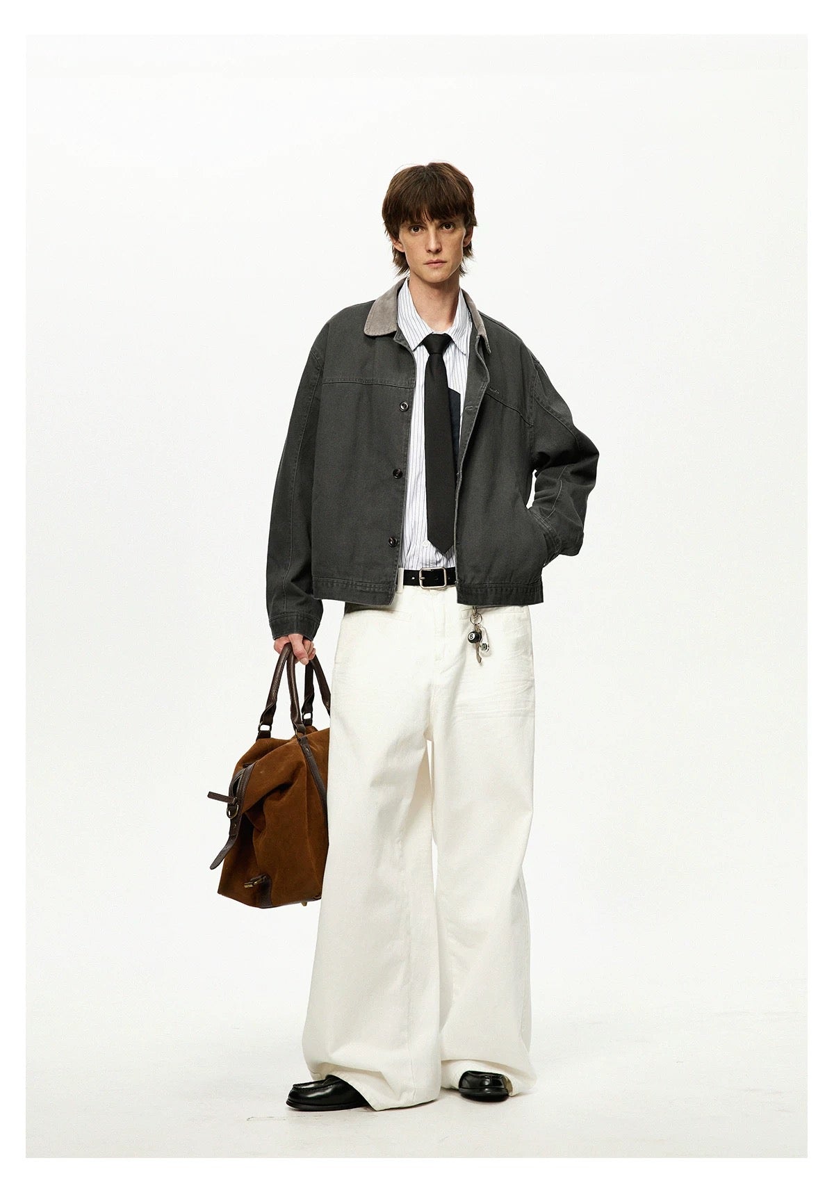 Men’s Color-Block Workwear Jacket – American Retro Contrast Collar Utility Outerwear T0064