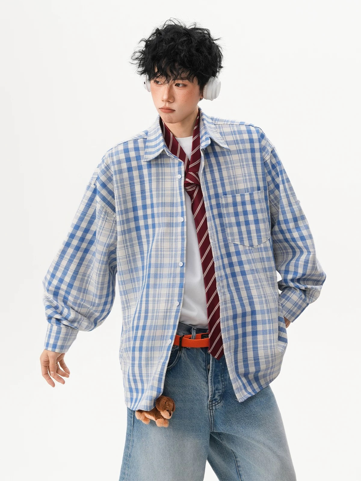Men’s Vintage Blue Plaid Shirt – American Retro Street Casual Overshirt S0042