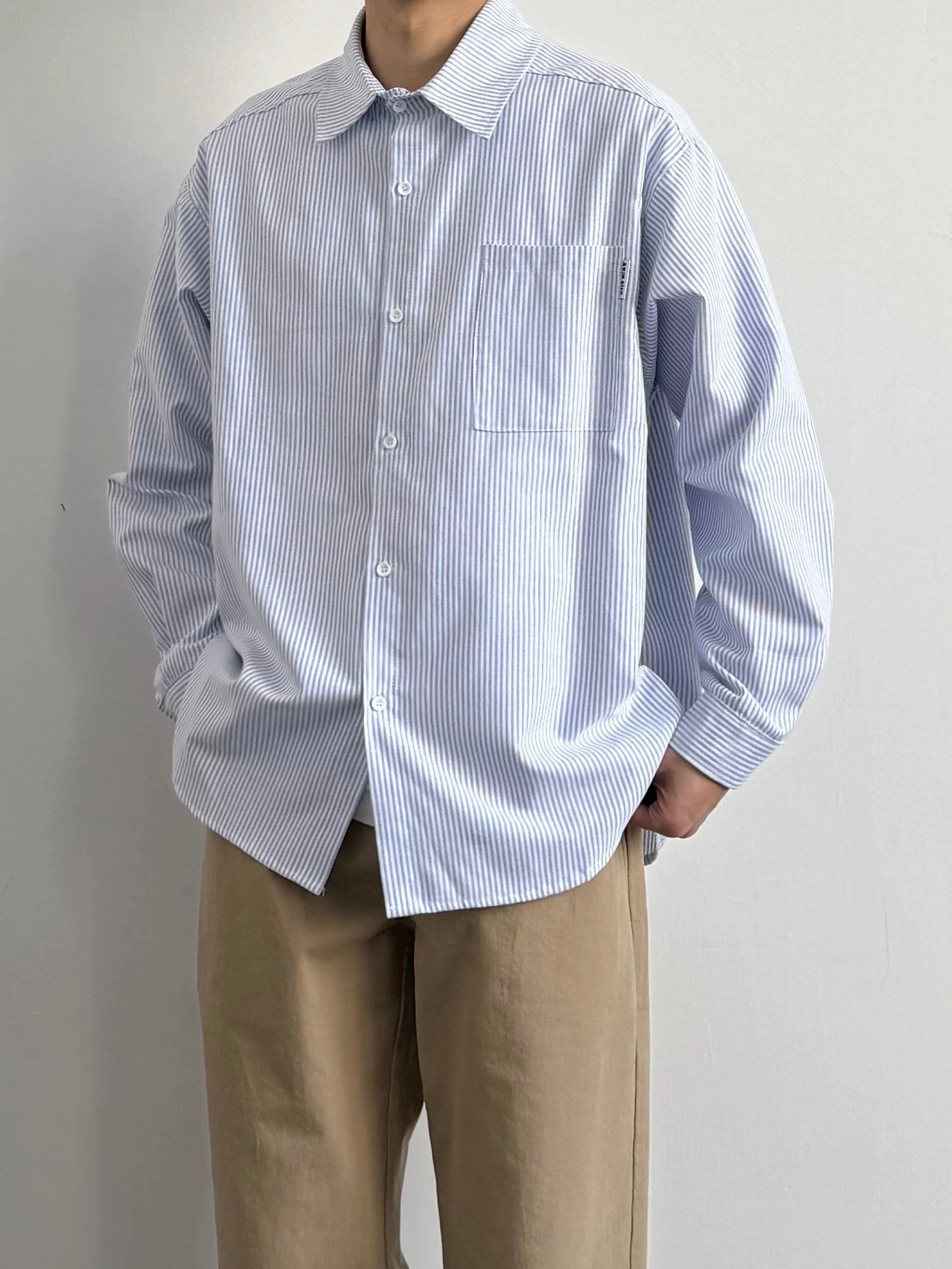 ブルー＆ホワイトストライプオックスフォードシャツ - リラックスワークウェアスタイル長袖シャツジャケット（カジュアルユニセックス）T0033