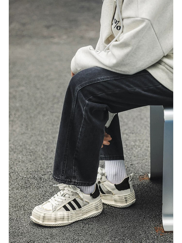 Distressed Melt-Sole Sneakers - White Chunky Platform German Army Trainers with Triple-Stripe Design S0009