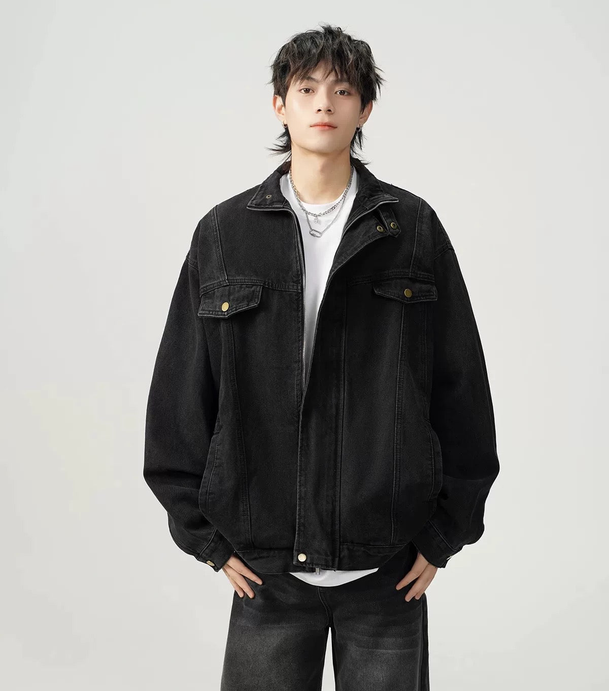 Men’s Vintage Washed Denim Jacket – American Retro Distressed Streetwear Outerwear T0046