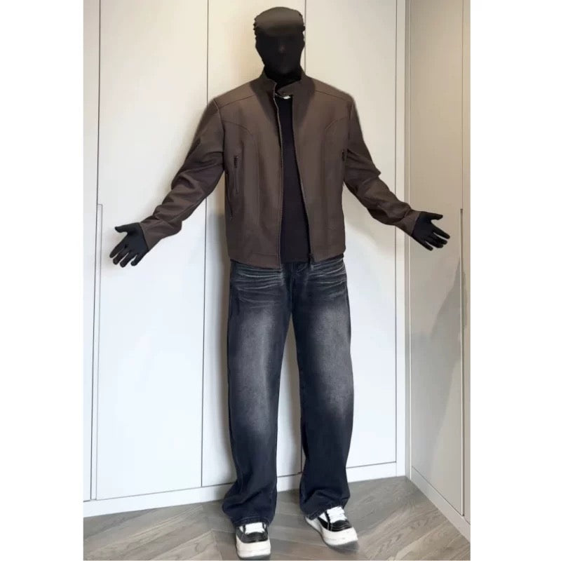 Men’s Deconstructed Patchwork Stand Collar Jacket – American Retro Street Outerwear T0137