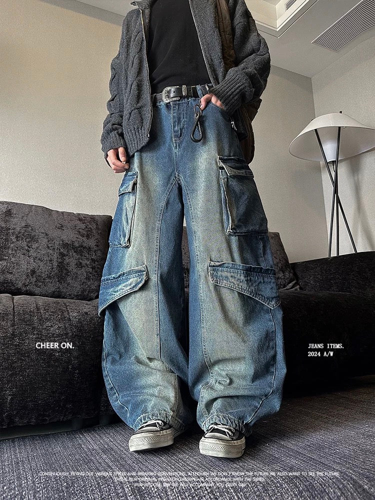 Washed High-Street Cargo Jeans - Heavy-Duty Patchwork Straight-Leg Unisex Pants B0109