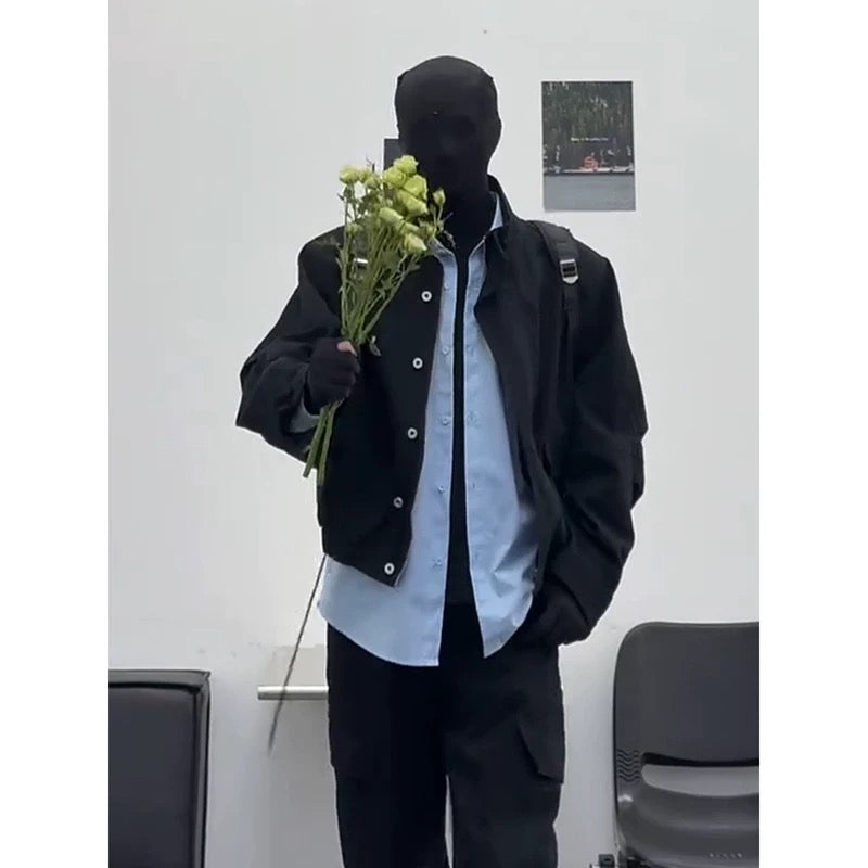 Men’s Short Utility Stand Collar Jacket – Vintage Workwear Streetwear Outerwear T0048