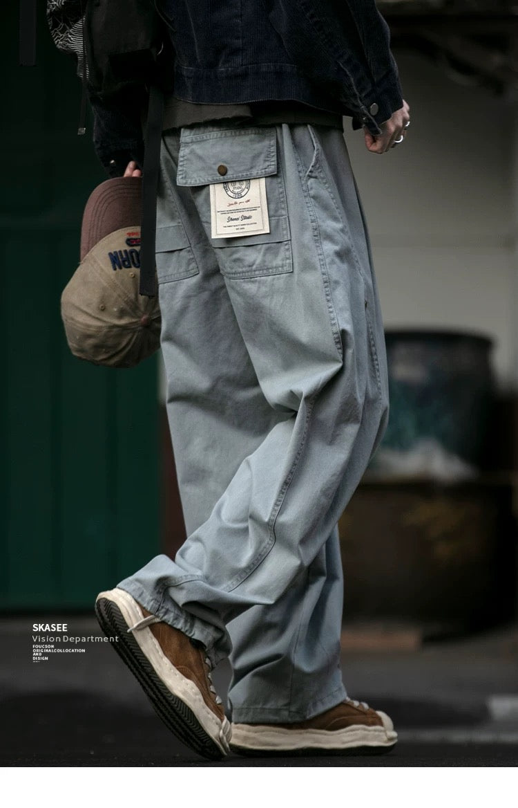 ヴィンテージアメリカンヘビーウォッシュダブルプリーツカーゴパンツ（リベット付き）、バギーワイドレッグドローストリングカジュアルジョガーパンツ T0011