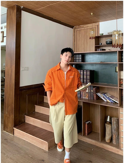 American Streetwear Orange Plaid Shirt – Vintage Long Sleeve Flannel for Men T0241