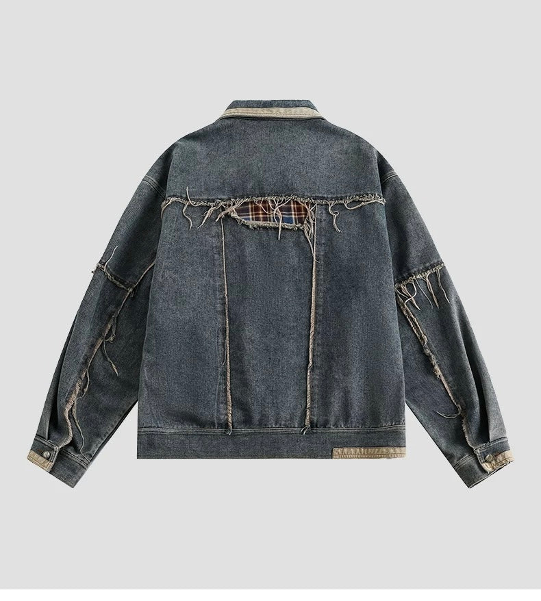 Men’s Vintage American Patchwork Frayed Denim Jacket – Distressed Retro Streetwear Outerwear T0039