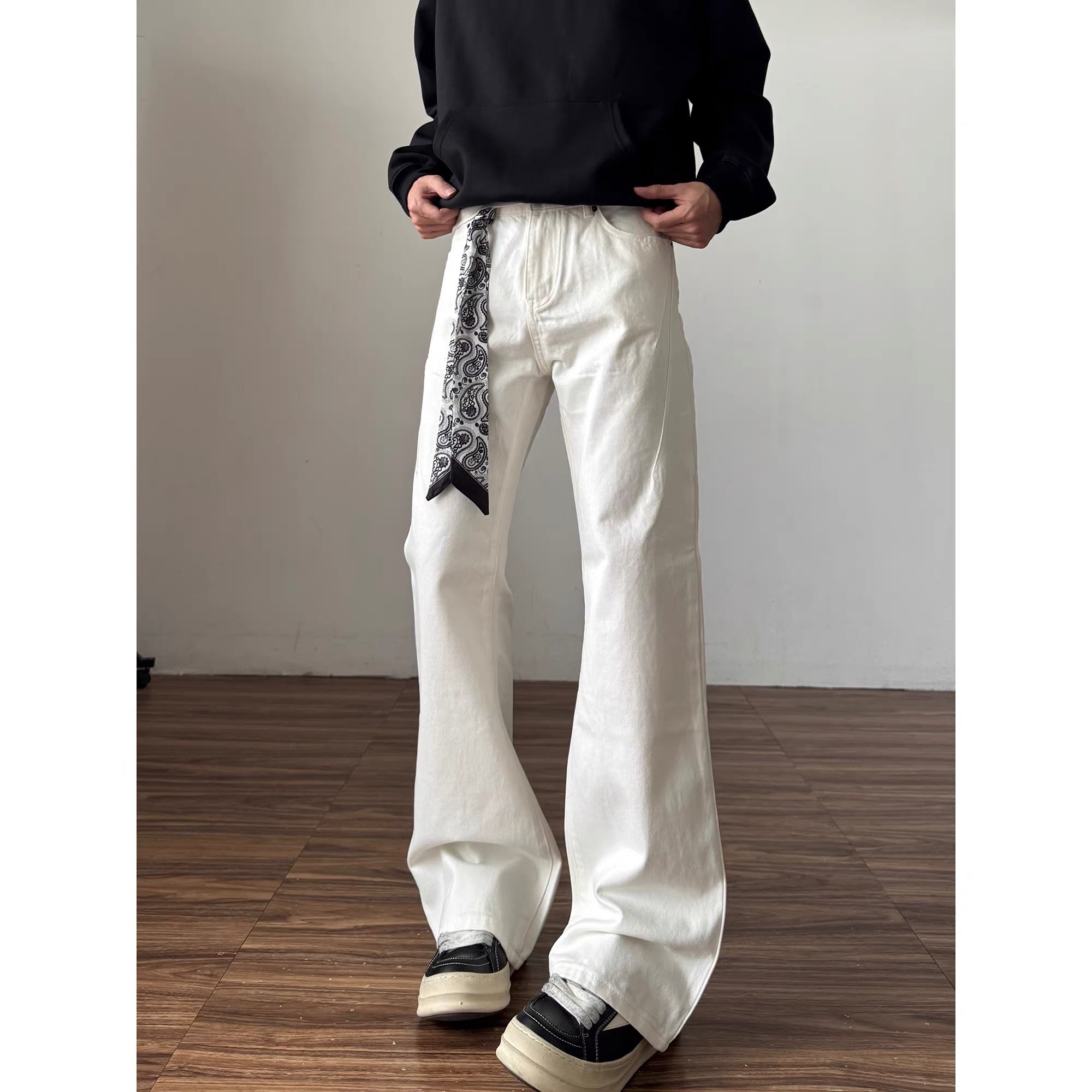 Men’s Vintage Scarf Detail Flare Jeans – American High Street Denim Pants B0074