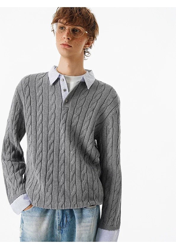 Patchwork Layered Cable Knit Sweater – Faux Two-Piece Vintage Knitwear S0025