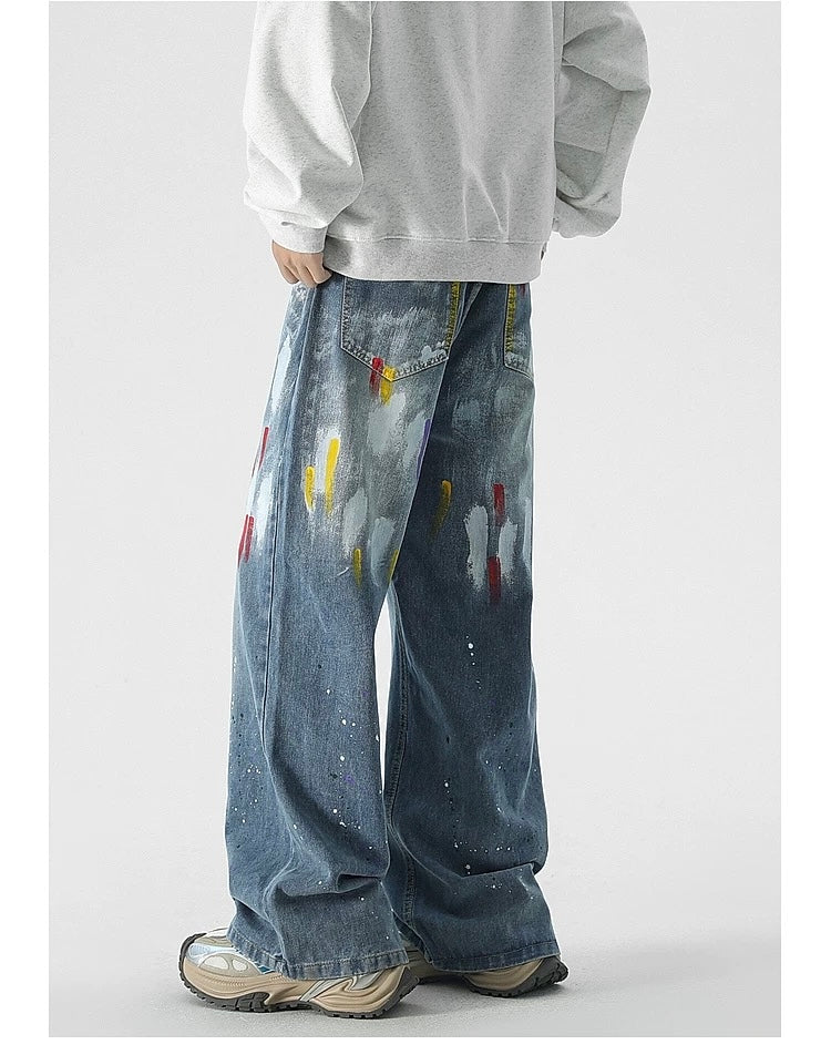 Men’s Graffiti Denim Jeans – Vintage American High Street Painted Streetwear Pants B0058
