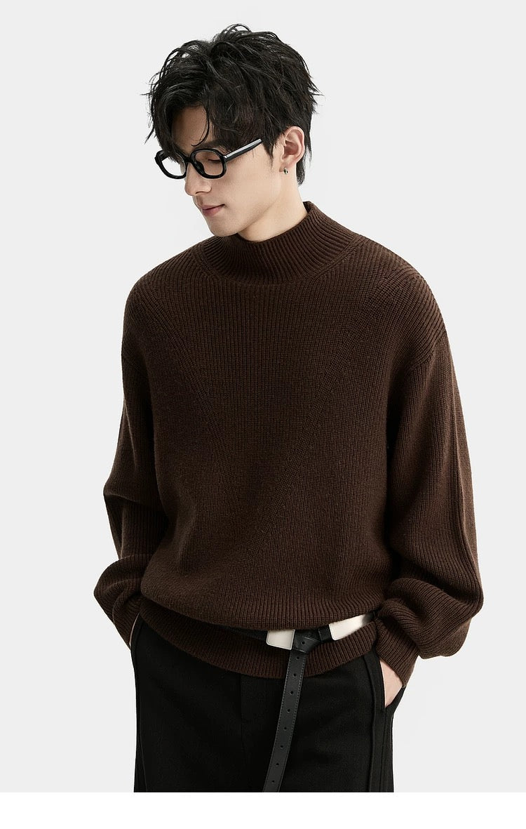 Suéter holgado de punto de lana de color liso para hombre, con cuello semialto y diseño estampado para invierno - Capa base ideal T0043