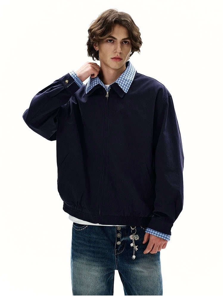 Men’s Vintage Plaid Patchwork Layered Jacket – American Retro Fake Two-Piece Streetwear Coat T0042