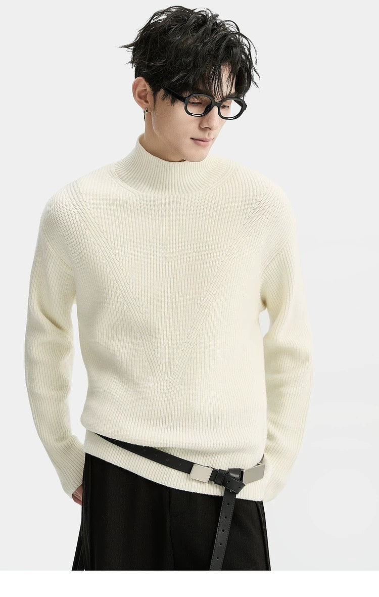 Suéter holgado de punto de lana de color liso para hombre, con cuello semialto y diseño estampado para invierno - Capa base ideal T0043