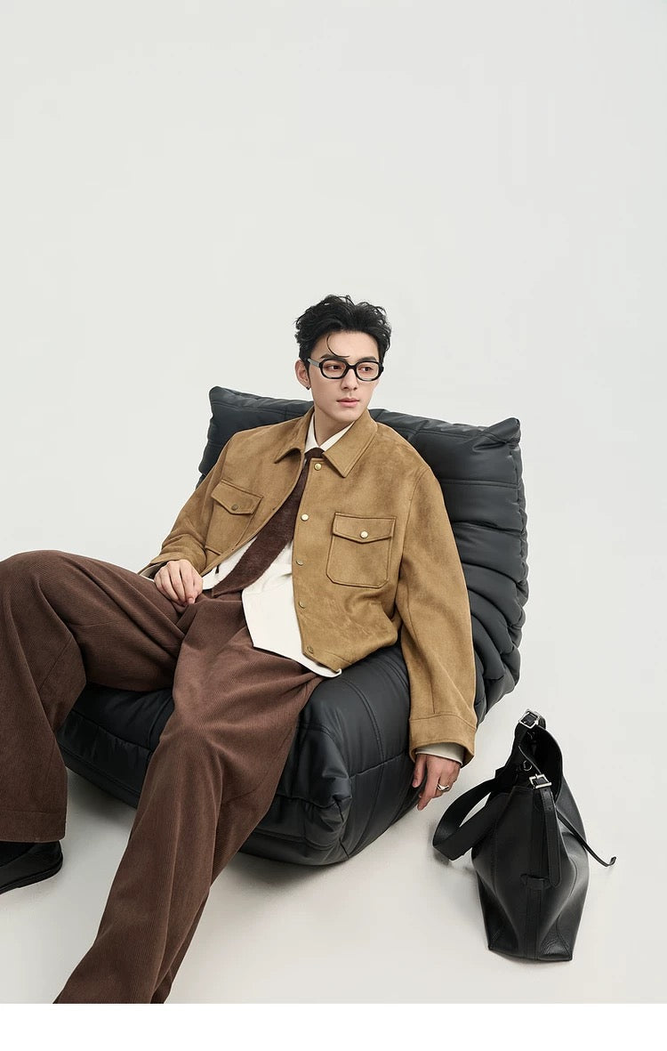 Chaqueta retro premium de ante sintético con solapa para hombre - Top corto informal para otoño T0039