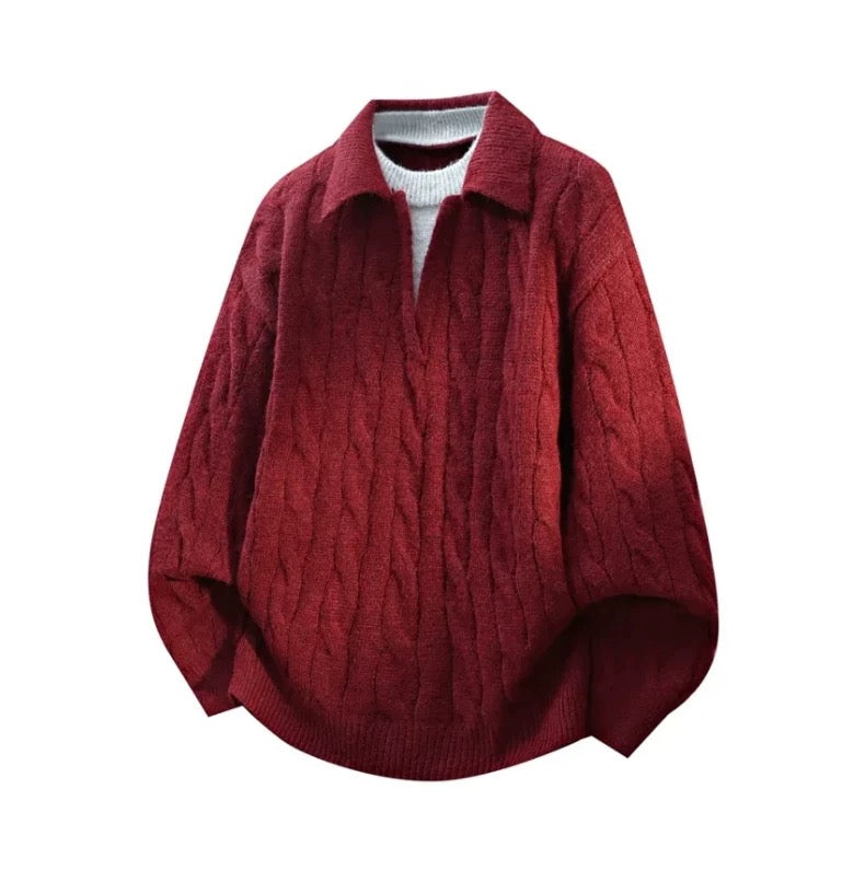 Men’s Vintage Cable Knit Layered Sweater – Retro Street Faux Two-Piece Pullover S0043