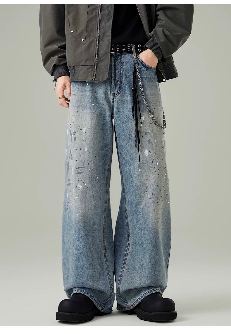 Men’s Paint-Splatter Washed Jeans – Vintage American Street Art Denim Pants B0055