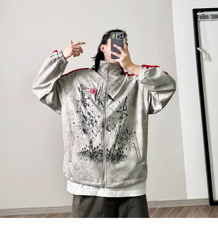 メンズ プリント カラーブロック フリースジャケット - レトロ パッチワーク ストリートウェア アウターウェア T0037