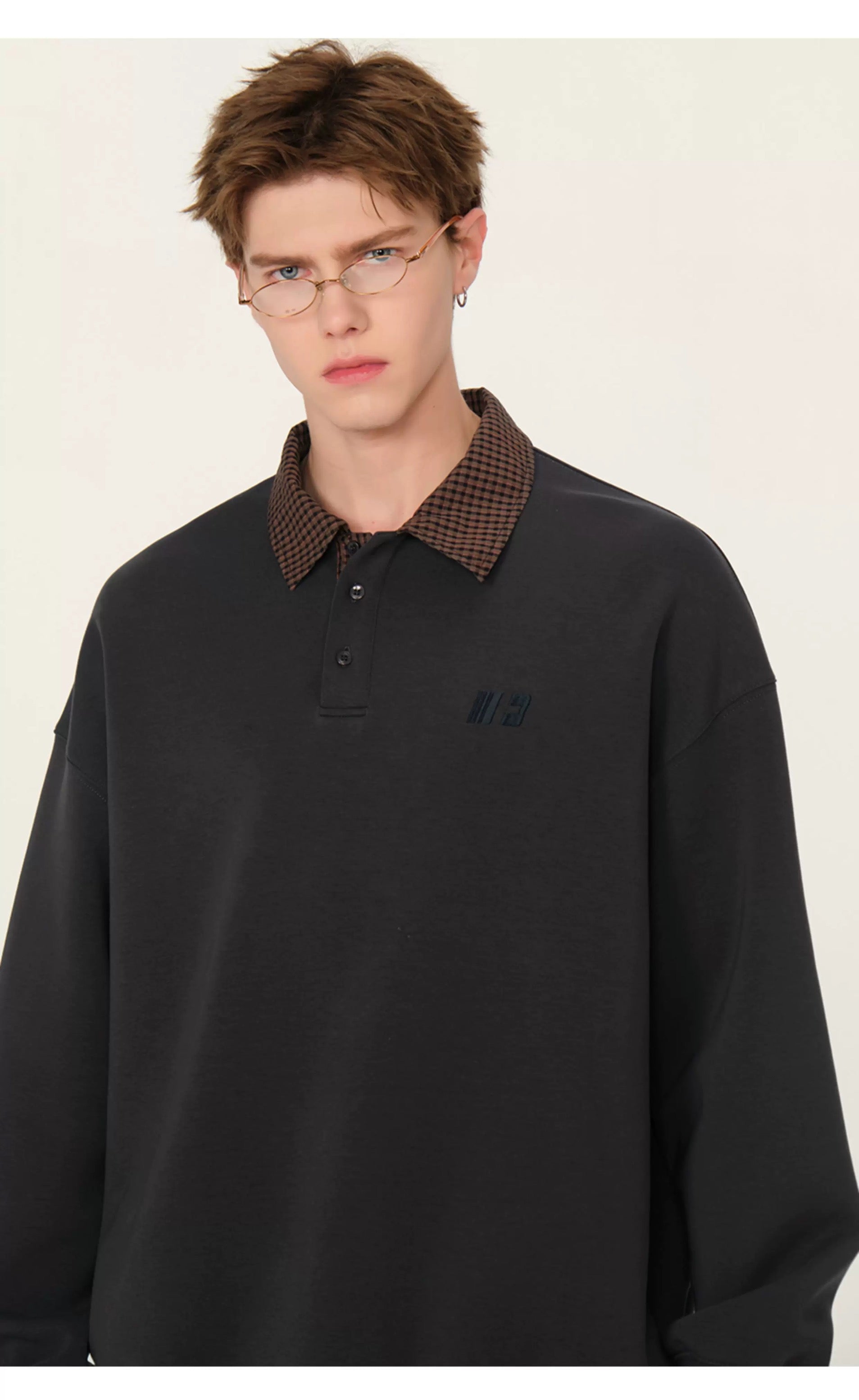 Men’s Layered Polo Sweatshirt – Air Layer Fabric Retro Street Pullover S0041