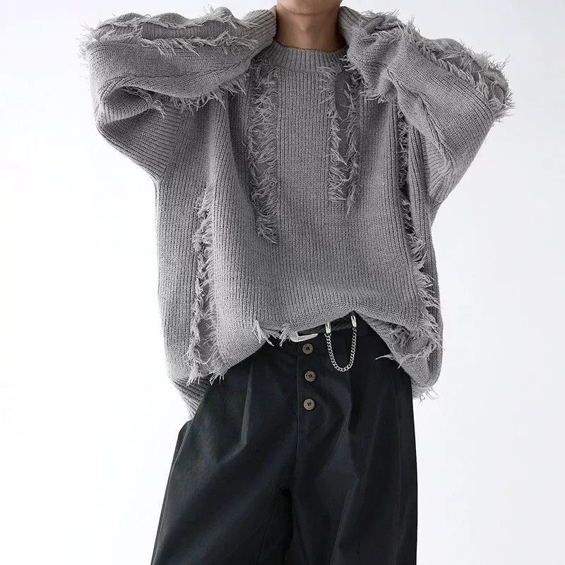 Men’s Fringe Knit Sweater Autumn Loose Fit Casual Pullover High-End Textured Knitwear T0069
