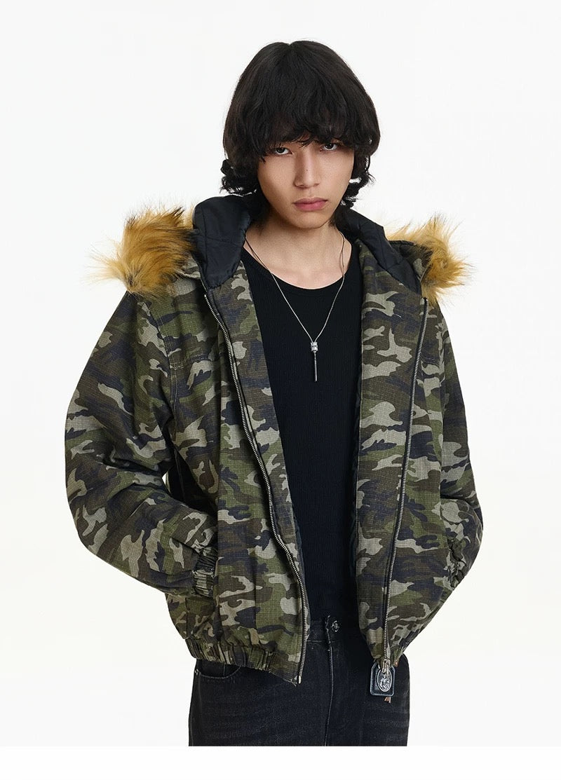 Men’s Vintage Camo Fur Hooded Puffer Jacket – American Retro Winter Street Coat T0056