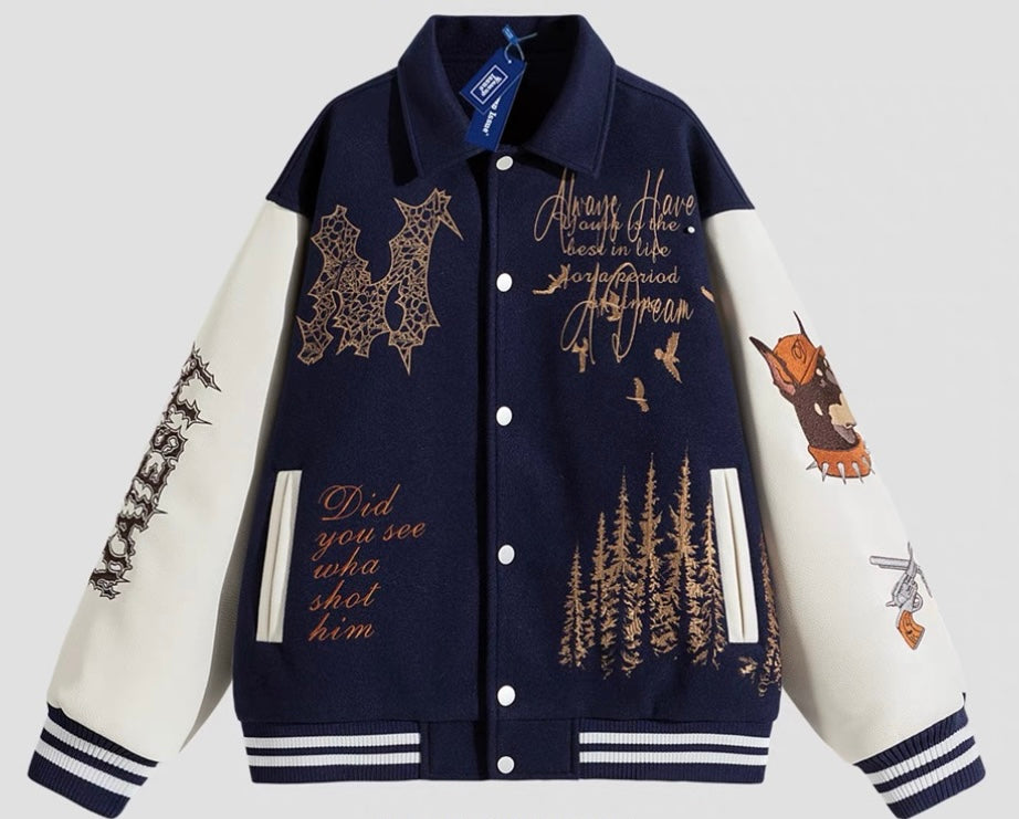 Men’s American Embroidered Patchwork Baseball Jacket – Vintage Streetwear Varsity CoatT0074