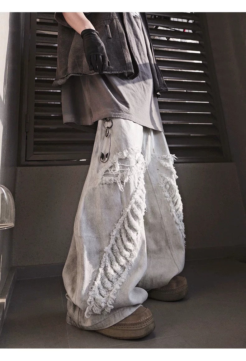 Men’s Vintage Distressed Washed White Denim Jeans Streetwear Loose Straight Mud-Dye Baggy Pants B0096