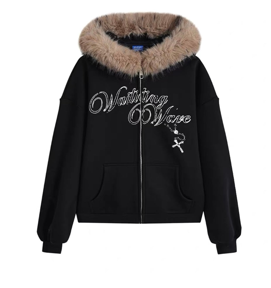 Vintage Graphic Fleece Hoodie with Faux Fur Collar T0029