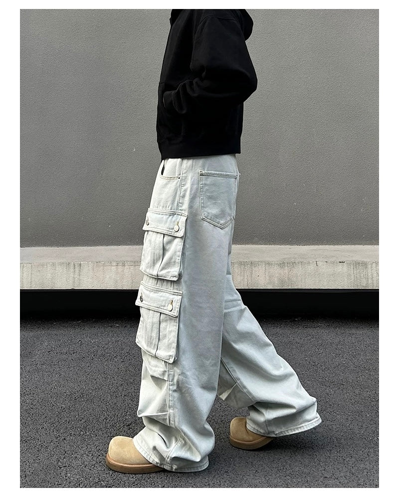 Men’s American Street Style Light Wash Multi-Pocket Jeans – Vintage Cargo Denim Pants B0053