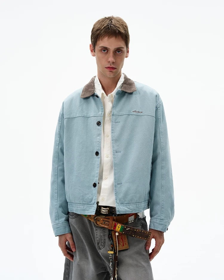 Men’s Color-Block Workwear Jacket – American Retro Contrast Collar Utility Outerwear T0064