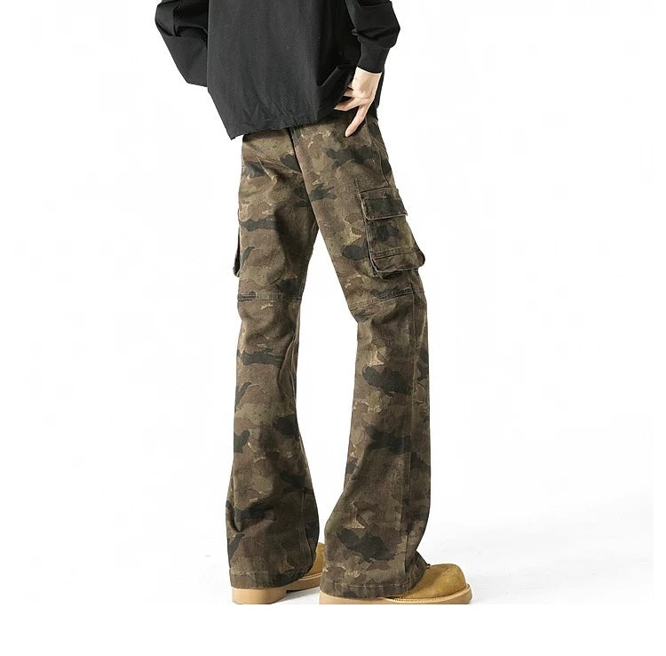 Men’s Camouflage Flared Cargo Jeans – American Vintage Workwear Street Denim B0078